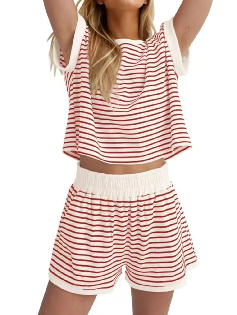 Full Size Contrast Striped T-Shirt and Shorts Set Plus Size, image 4