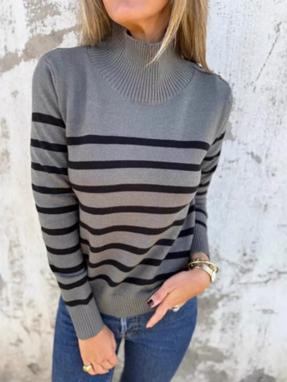 Full Size Striped Turtleneck Long Sleeve Sweater Plus Size, image 12