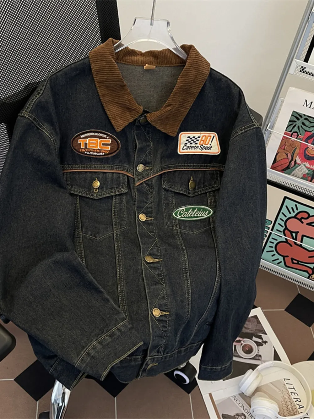 Men's Plus Size Corduroy Collar Button Up Denim Jacket, image 3