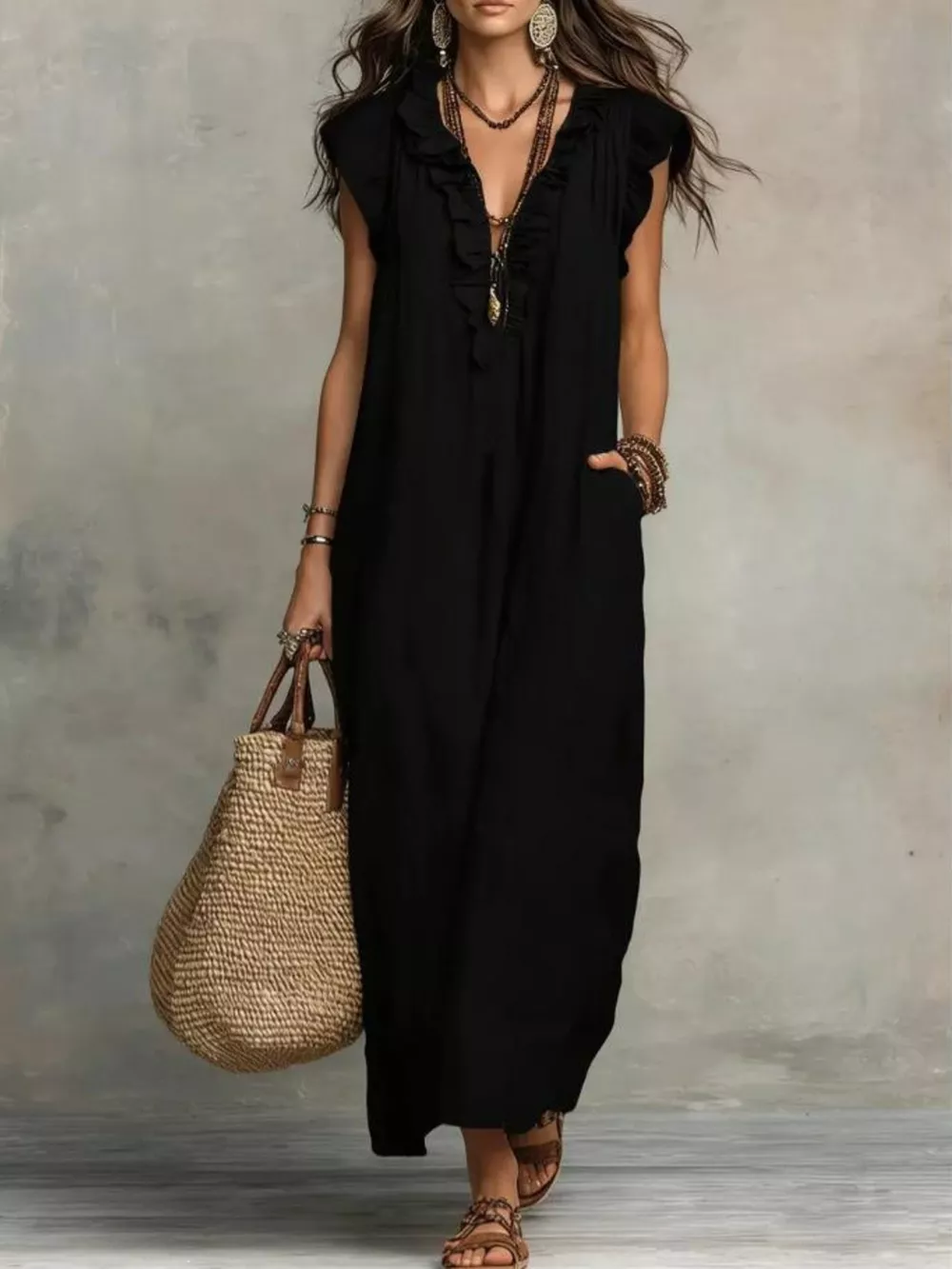 Full Size Bohemian Ruffle Neck Maxi Dress Plus Size, image 3