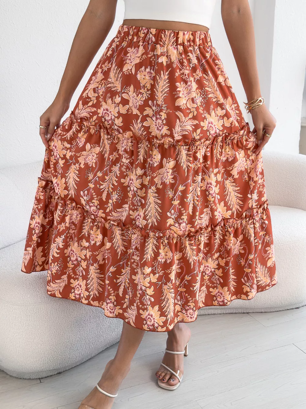 Floral Print Ruffle Hem Flowy Midi Skirt, image 11