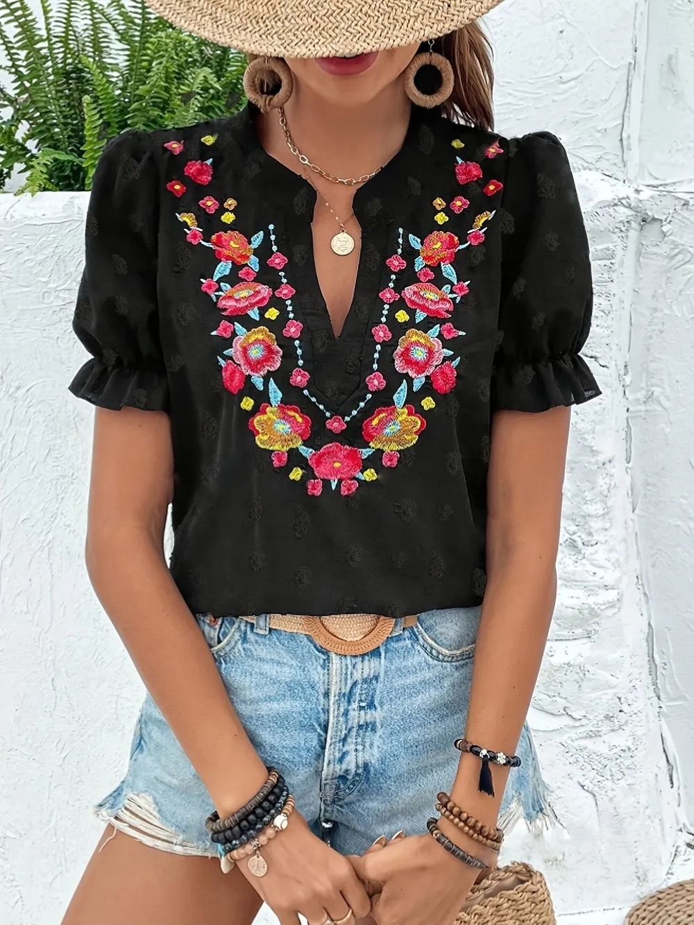 Floral Embroidered Puff Sleeve Blouse, image 5
