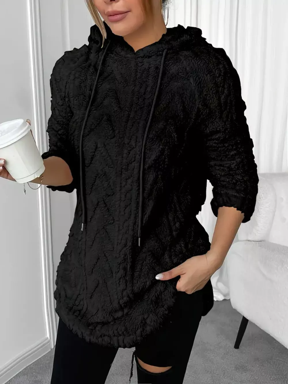 Cozy Textured Drawstring Fleece Hoodie, image 6