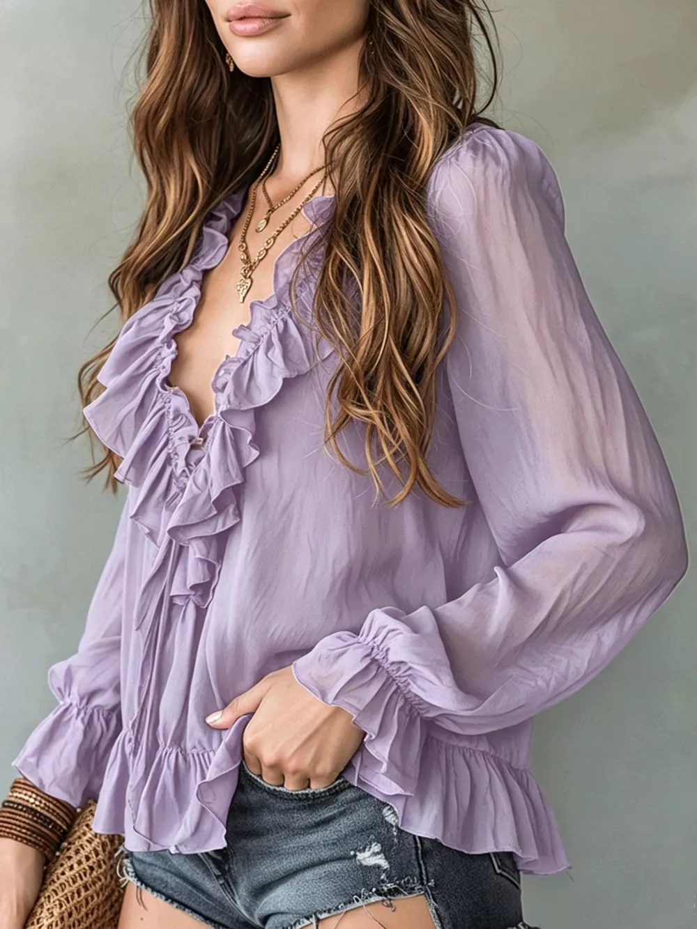 Ruffle V-Neck Long Sleeve Blouse, image 18