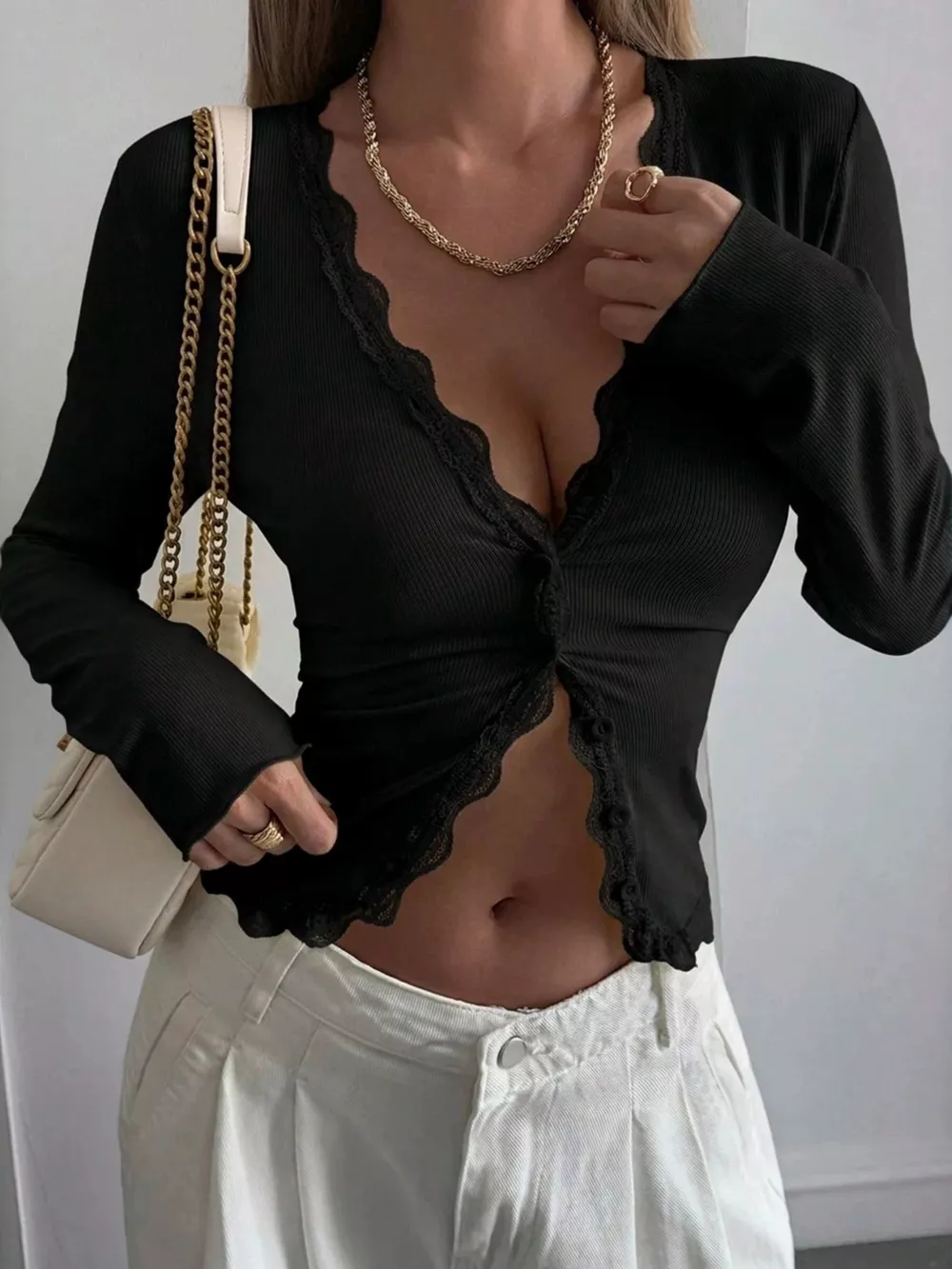 Lace Trim V-Neck Ribbed Long Sleeve Blouse, image 14