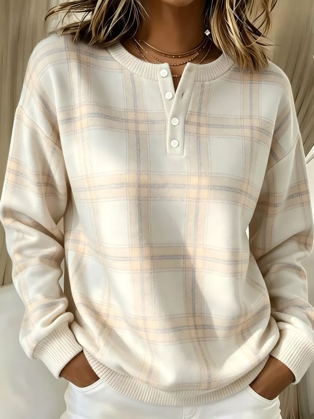 Full Size Plaid Button Detail Long Sleeve Sweatshirt Plus Size, image 10