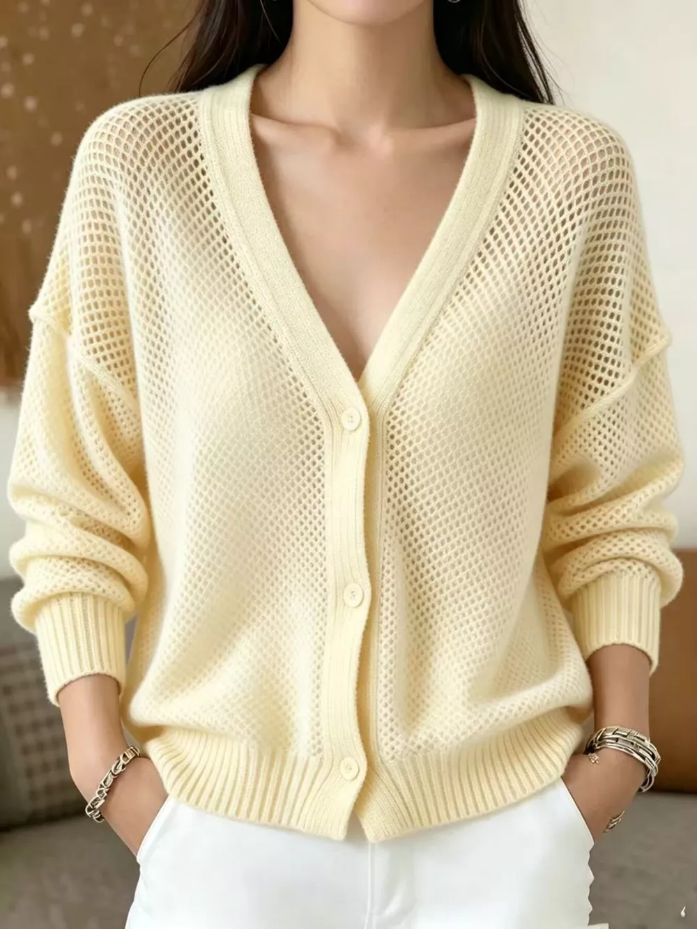 V-Neck Open-Knit Button-Down Cardigan, image 12