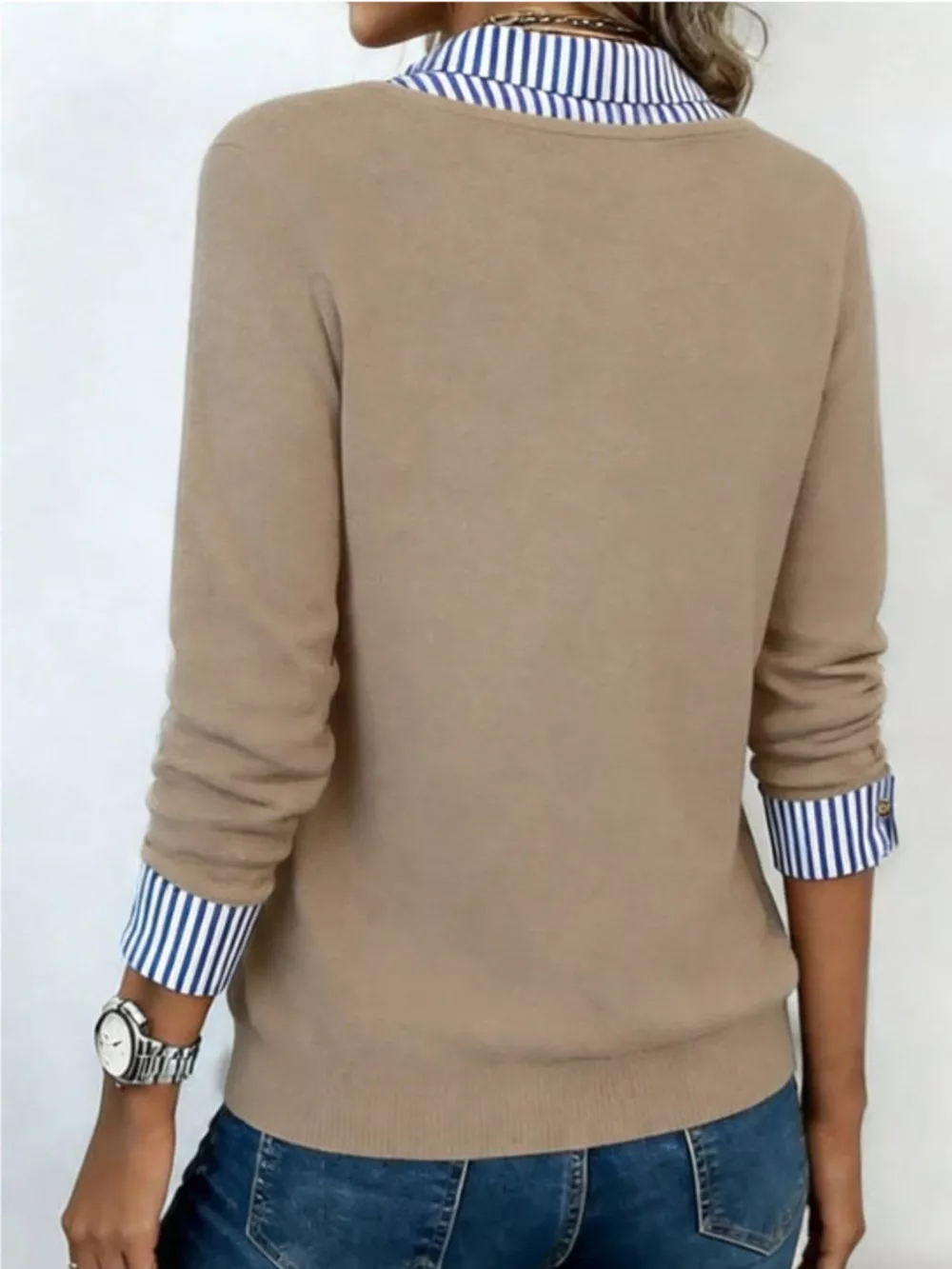 Layered Look Striped Collar Long Sleeve Top, image 6