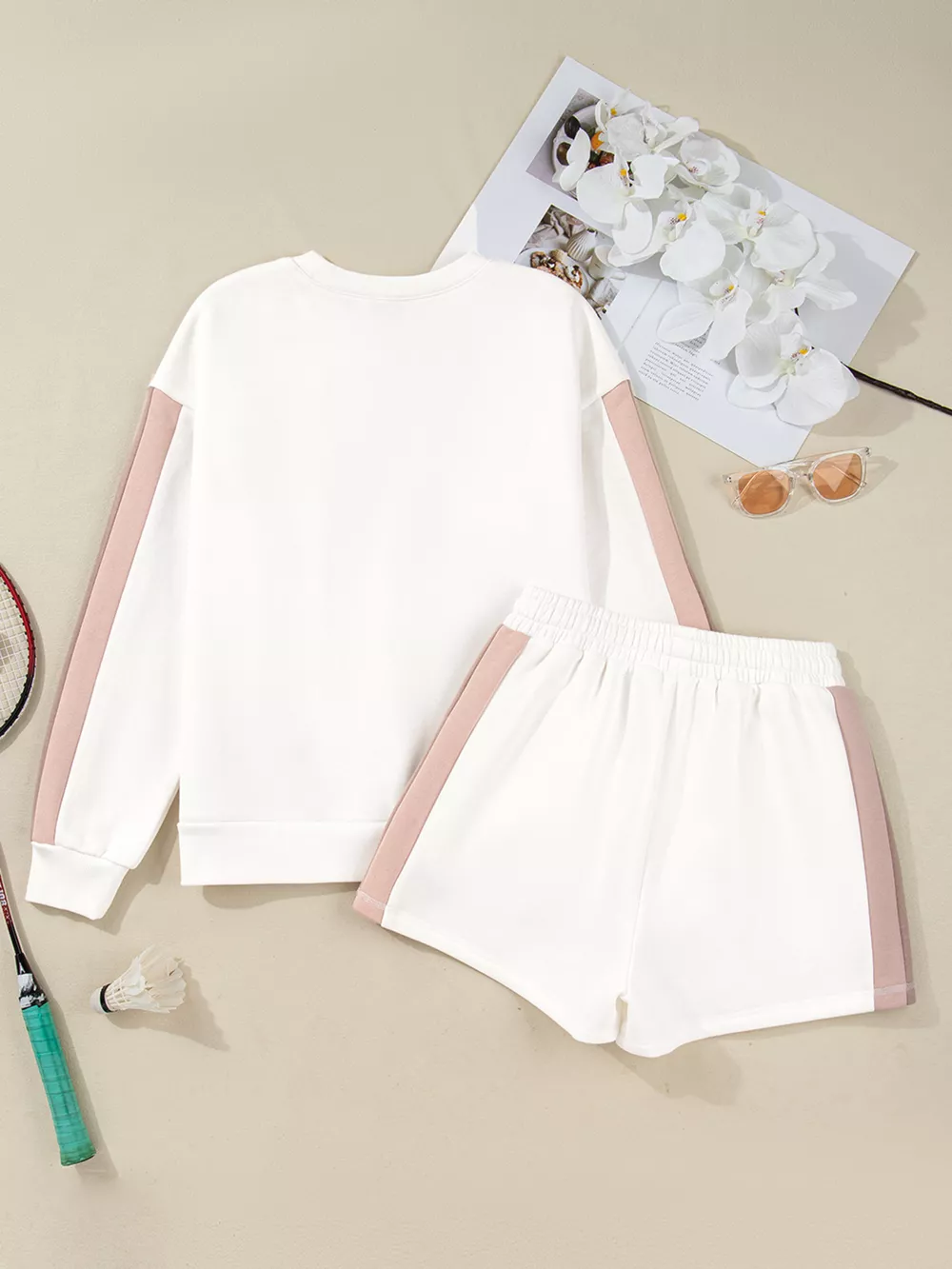 Color Block Patchwork Drop Shoulder Pullover and Shorts Set, image 11