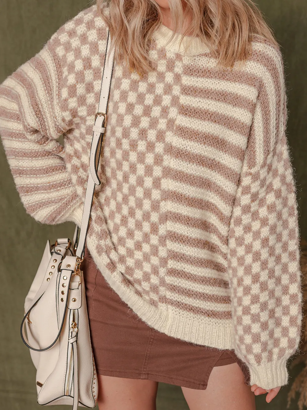 Stripe Checkerboard Drop Shoulder Balloon Sleeve Sweater, image 4