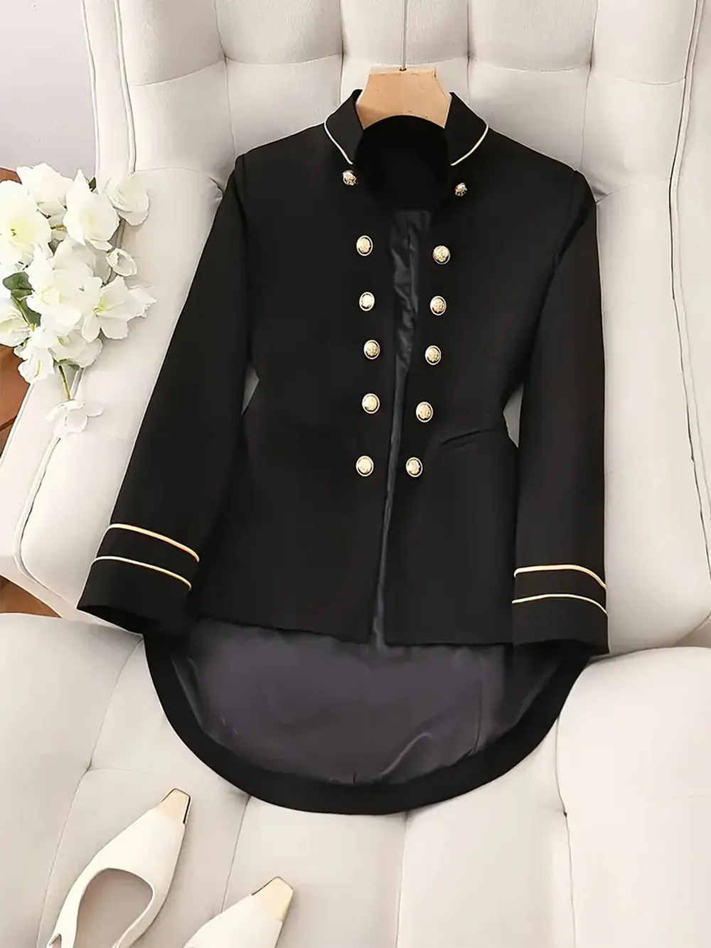 Decorative Button Hight-Low Blazer with Cuff Trim, image 2