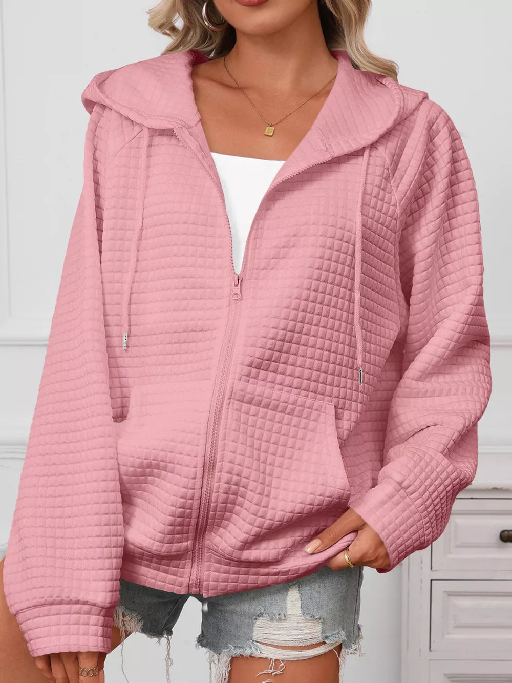 Full Size Textured Quilted Zip-Up Hooded Jacket Plus Size, image 17