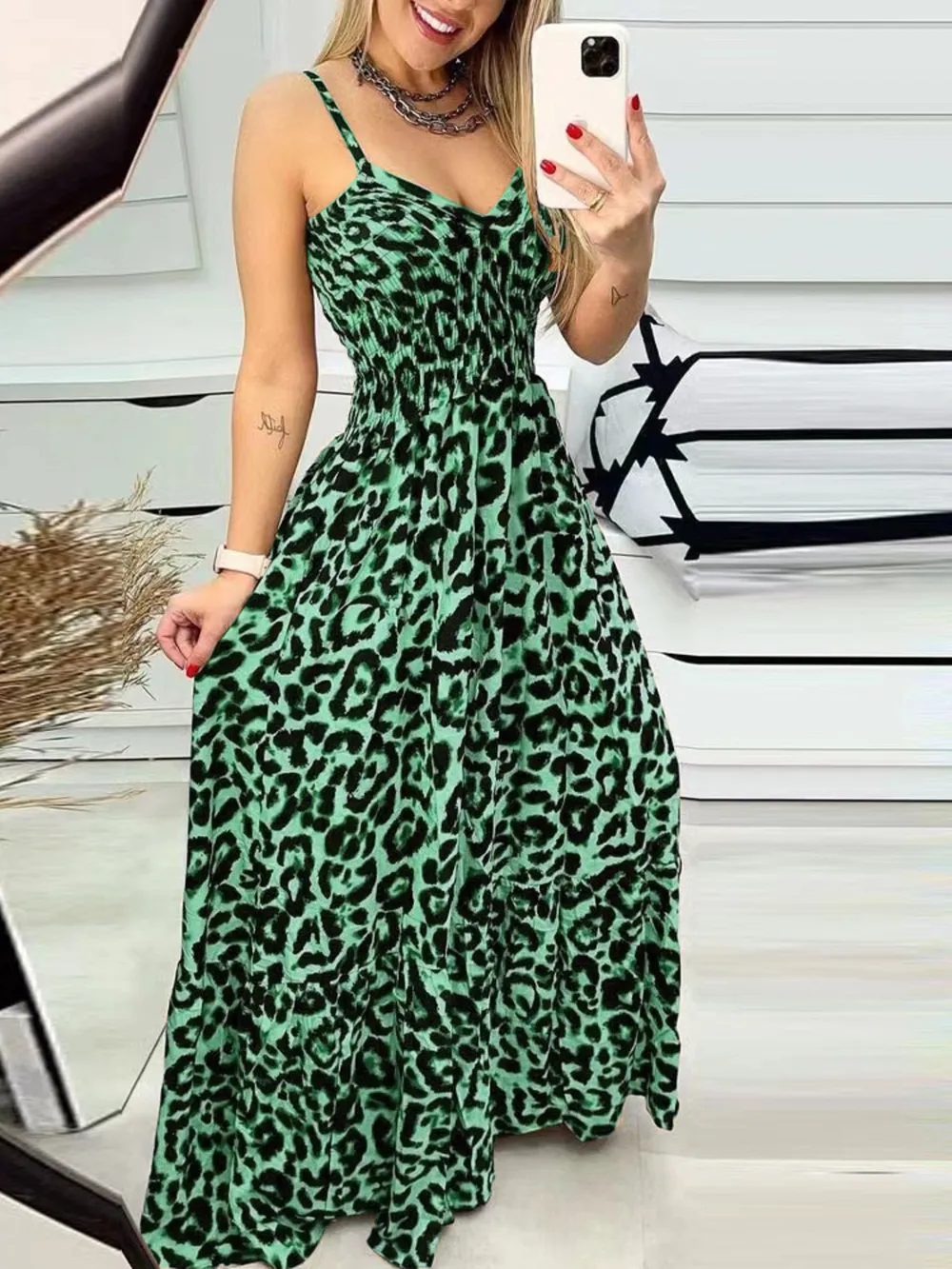 Full Size Leopard Print Spaghetti Strap Maxi Dress Plus Size, image 15