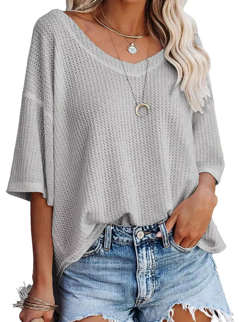 Waffle Knit V-Neck Short Sleeve T-Shirt, image 6