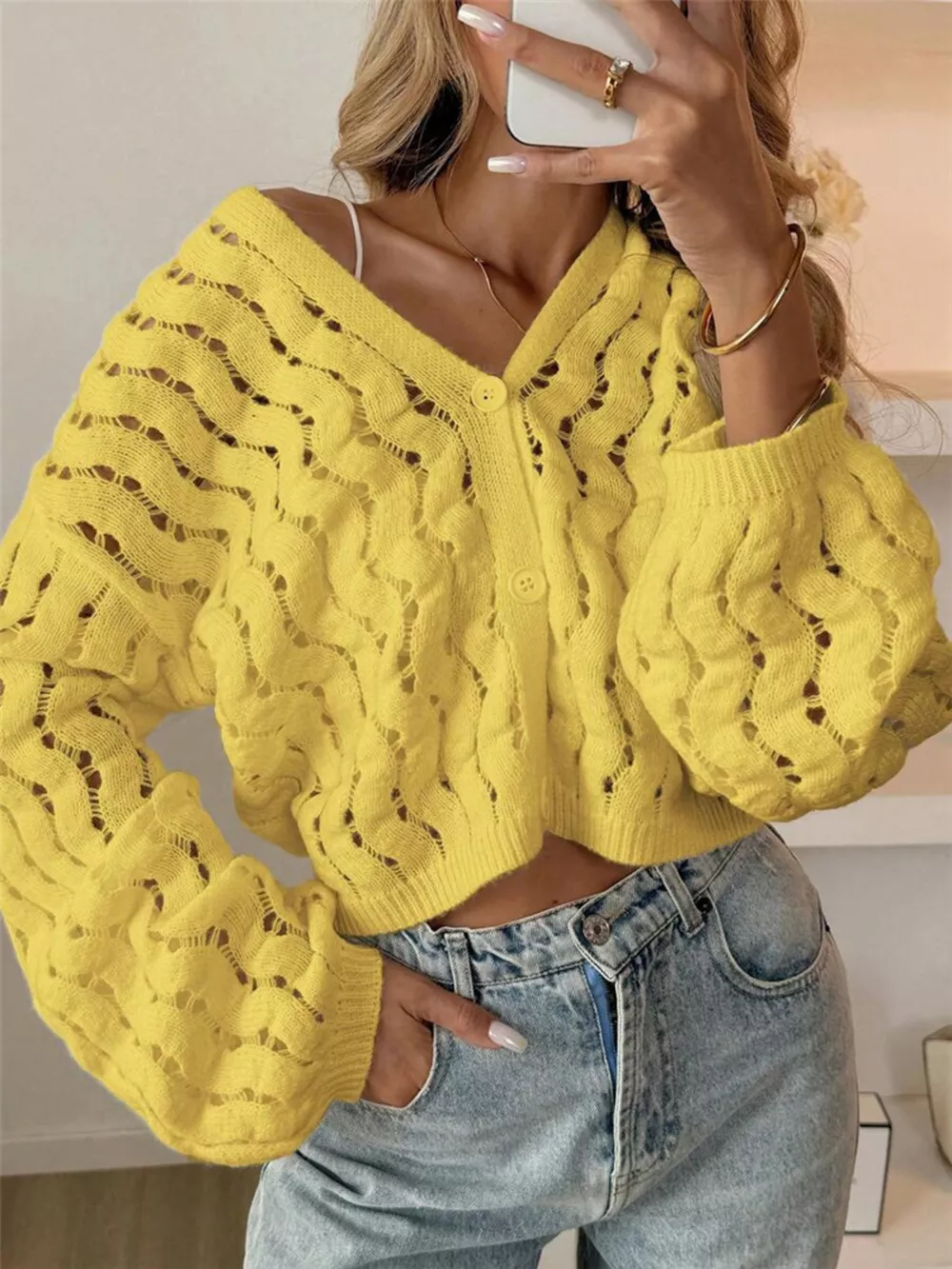 Openwork Button Up V-Neck Cardigan, image 8