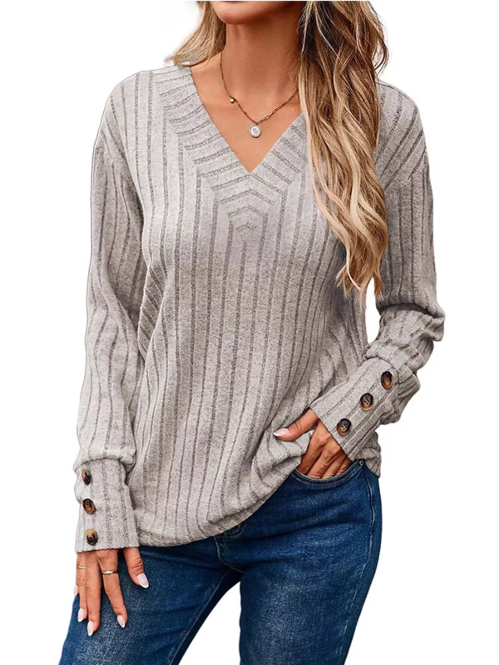 Ribbed V-Neck Long Sleeve Top, image 3