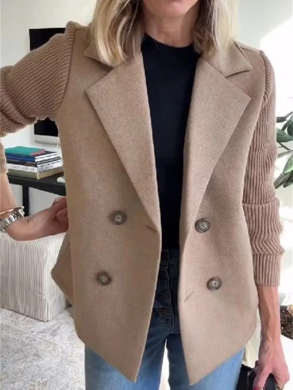 Full Size Knitted Sleeve Wool Blend Double-Breasted Blazer Plus Size, image 2