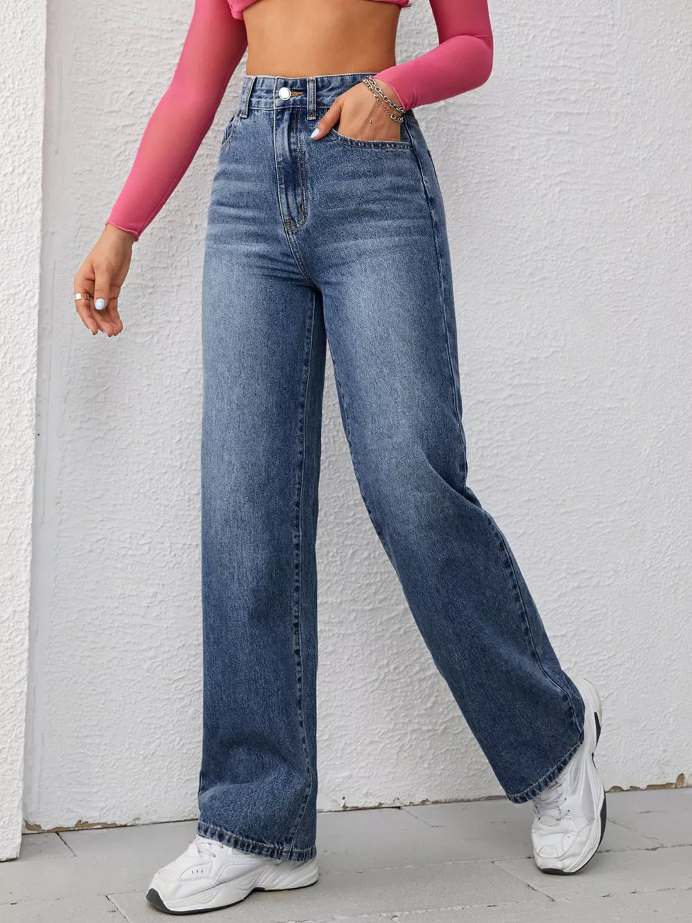 High-Waisted Wide-Leg Washed Jeans