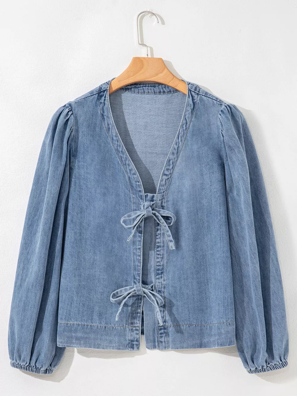 Tied Front Puff Sleeve Denim Top, image 8
