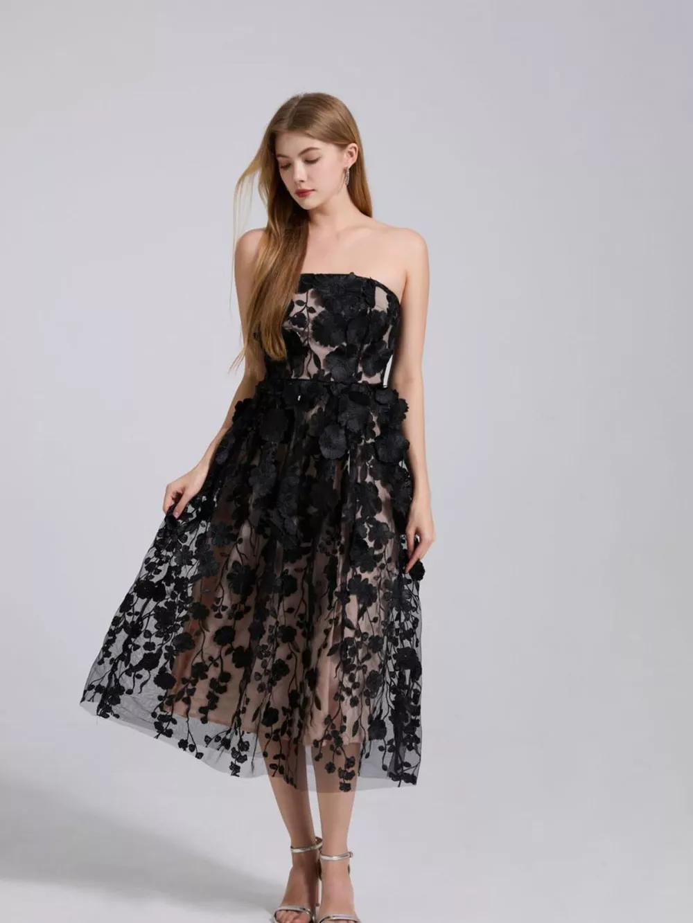 Floral Applique Strapless Midi Dress, image 5