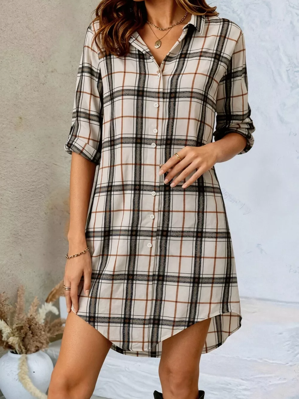 Plaid Button-Down Shirt Dress, image 2