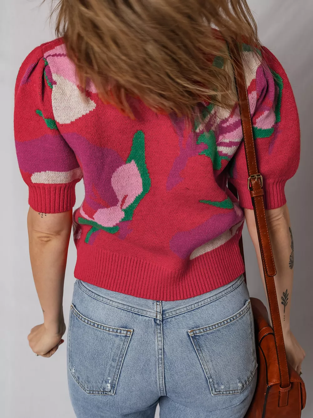Floral Abstract Print Short Puff Sleeve Sweater, image 5