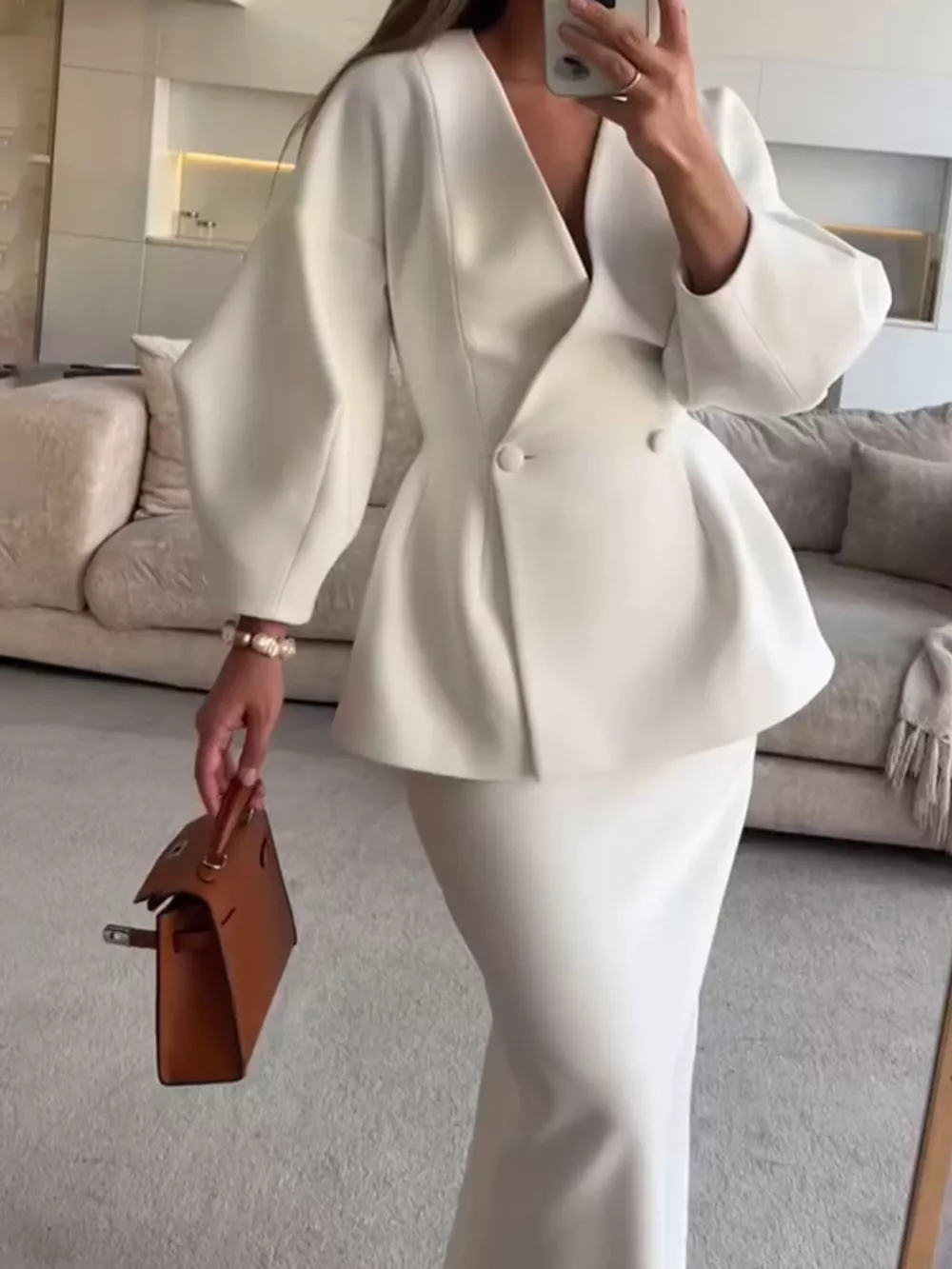 Double-Breasted Peplum Blazer and Skirt Set, image 2