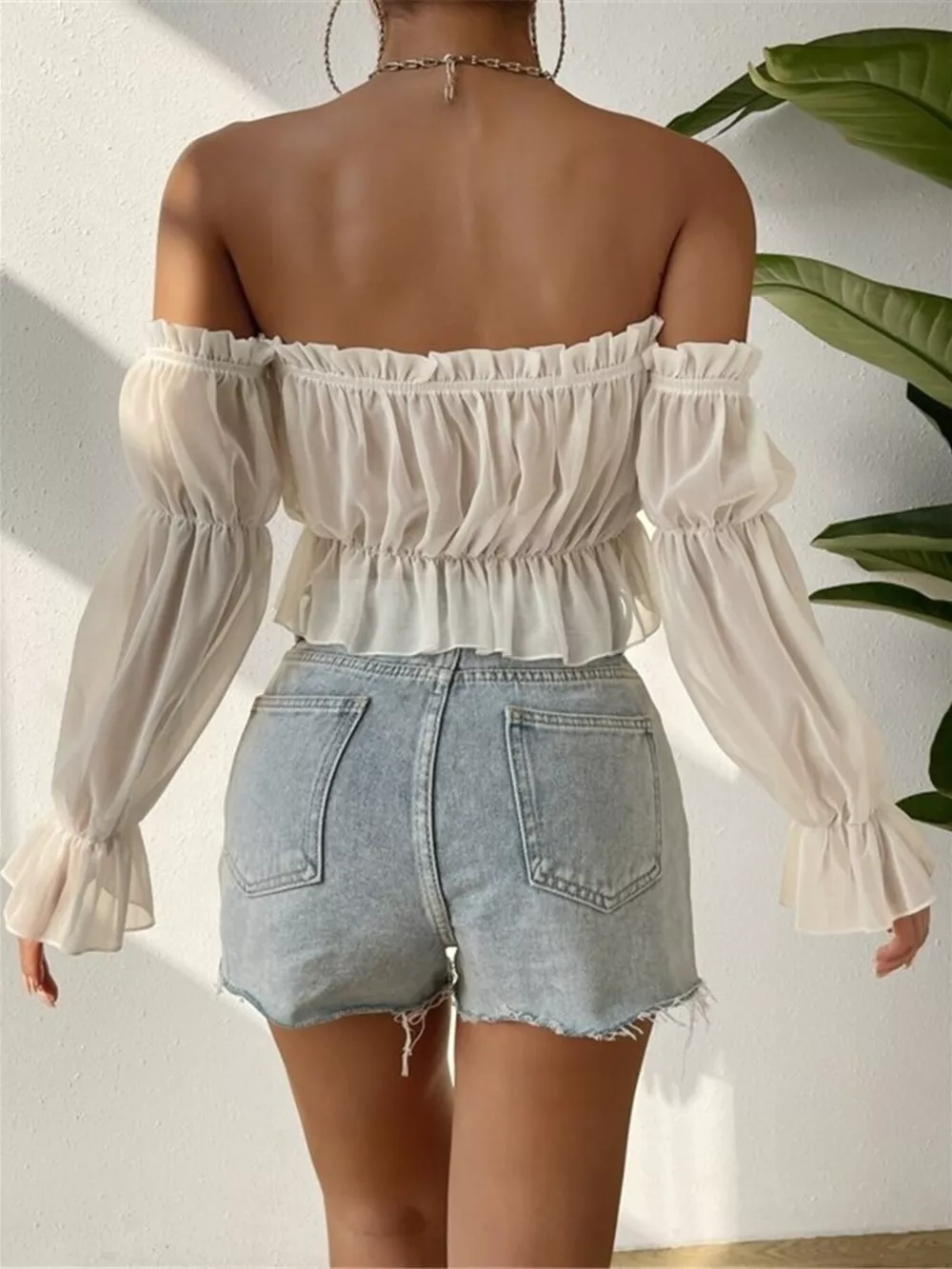 Off-Shoulder Ruffle Trim Sheer Cropped Blouse, image 12