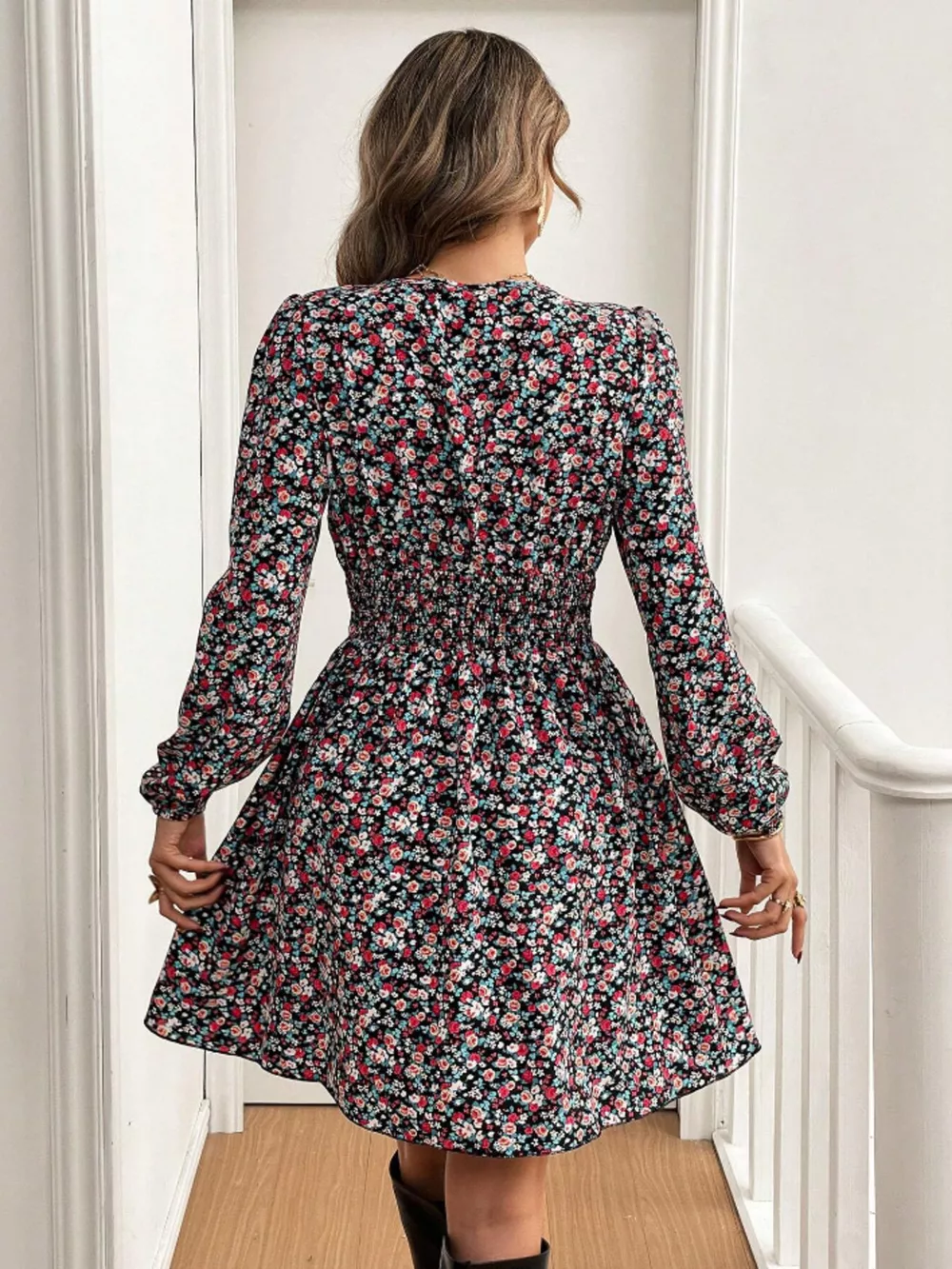 Printed Balloon Sleeve Mini Dress, image 8