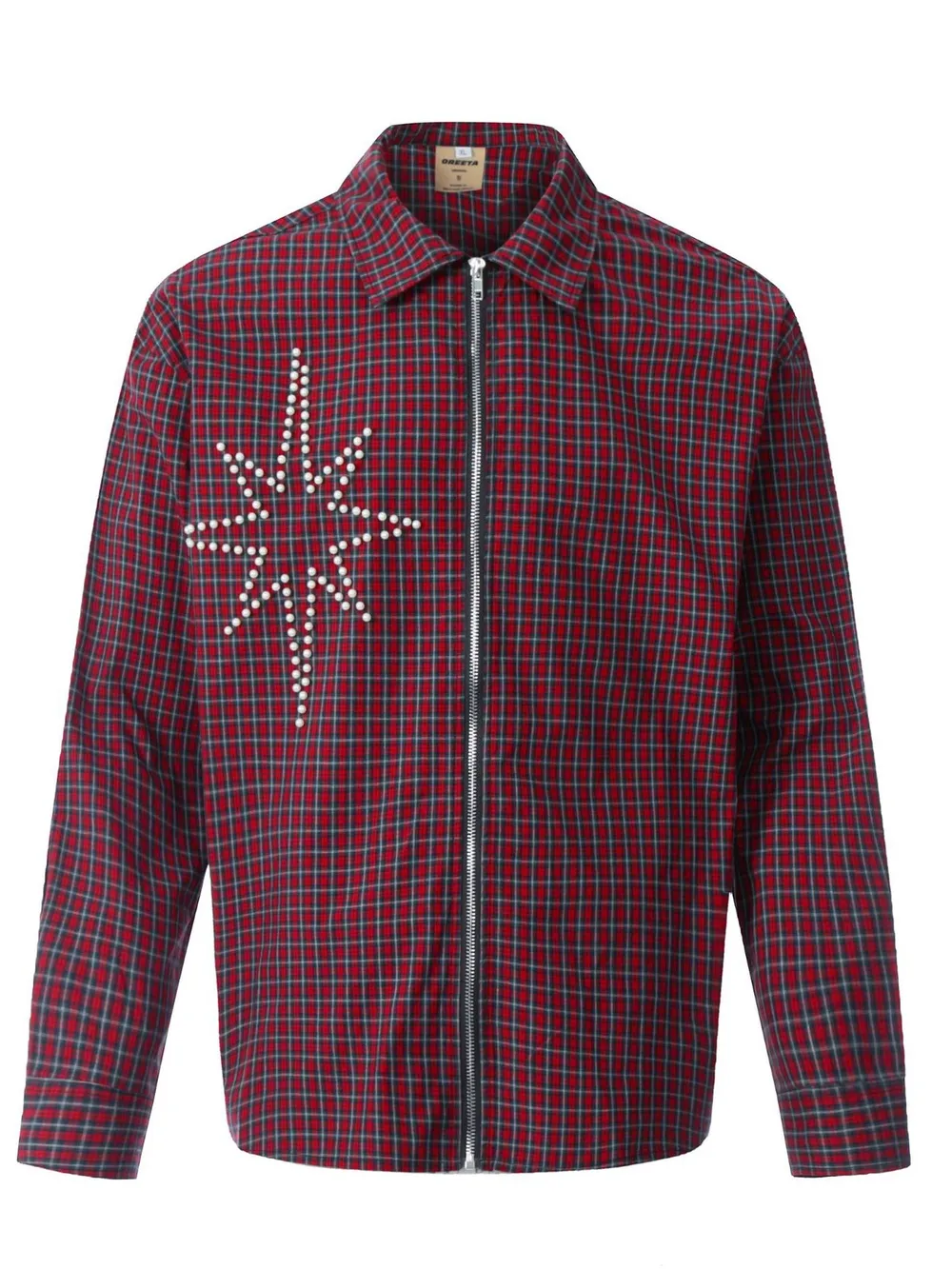 Men's Pearl Embellished Plaid Zip-Up Shirt, image 2