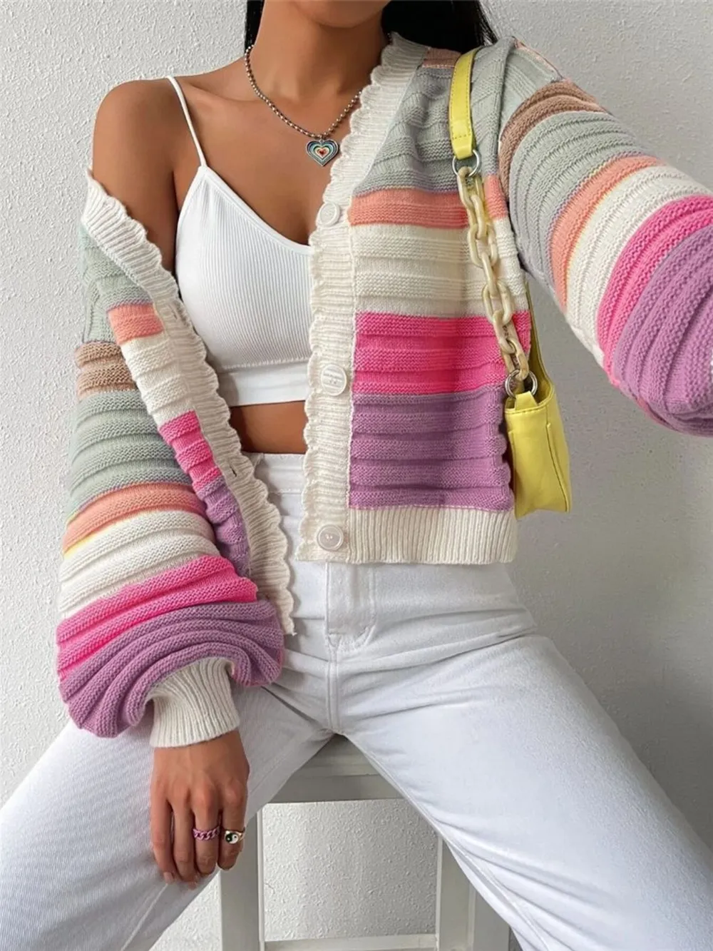 Rainbow Striped Cropped Cardigan with Balloon Sleeves, image 3