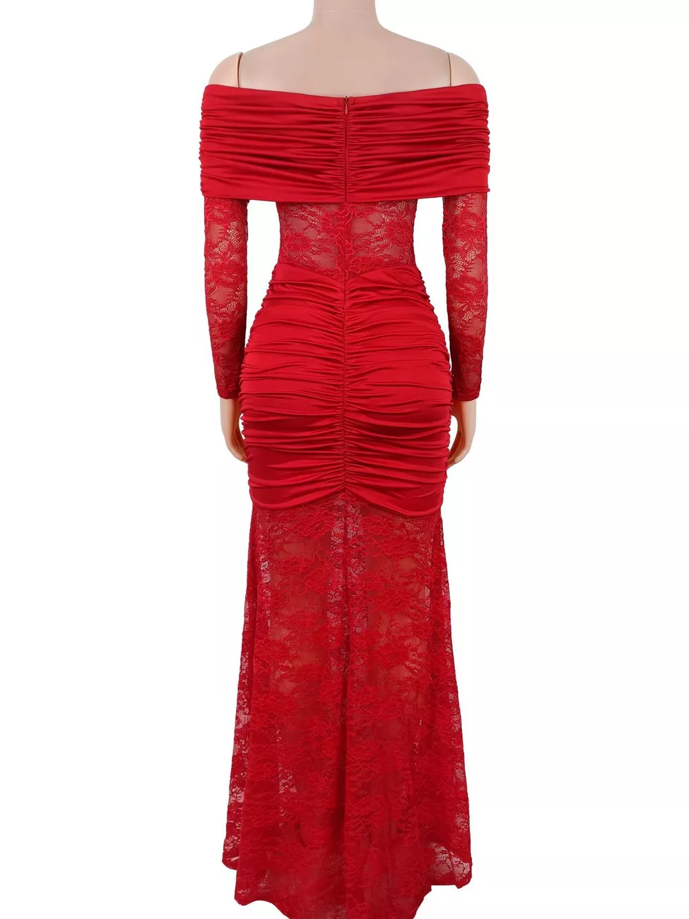 Off-Shoulder Ruched Lace Mermaid Maxi Dress, image 6
