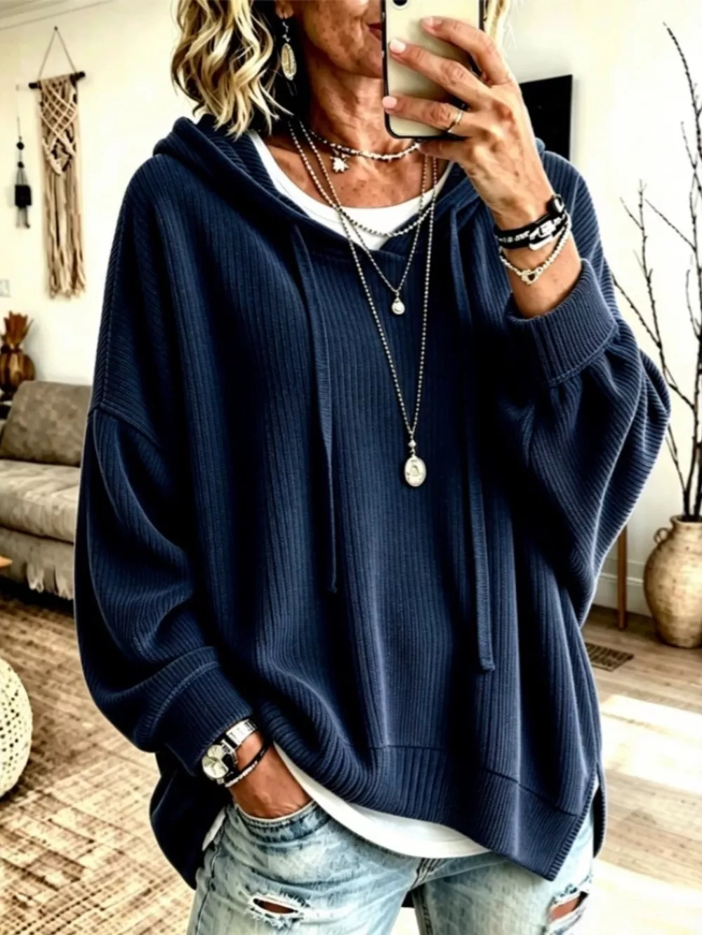Drawstring Ribbed Knit Hoodie, image 2