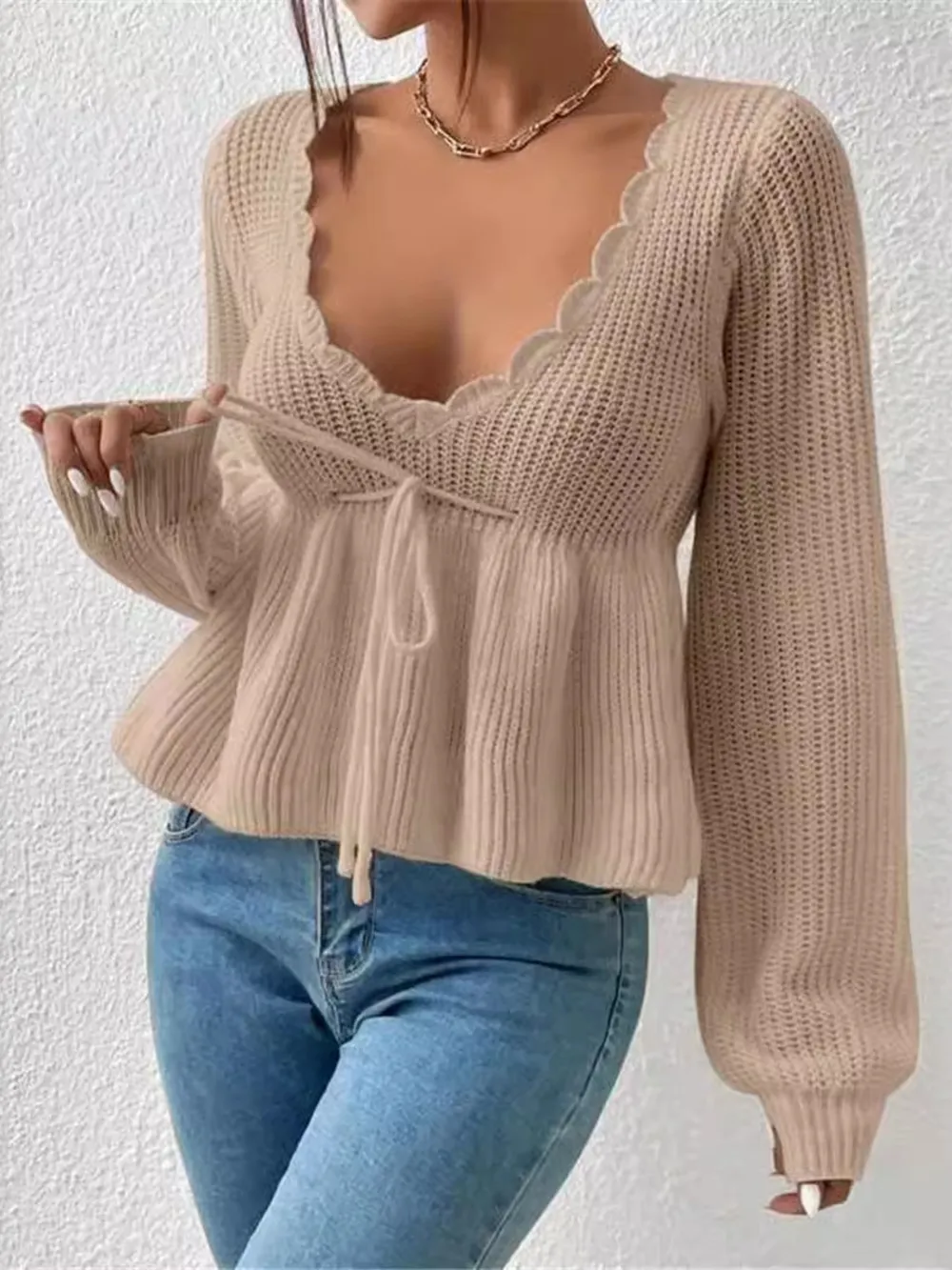 Scalloped V-Neck Drawstring Knit Top, image 11