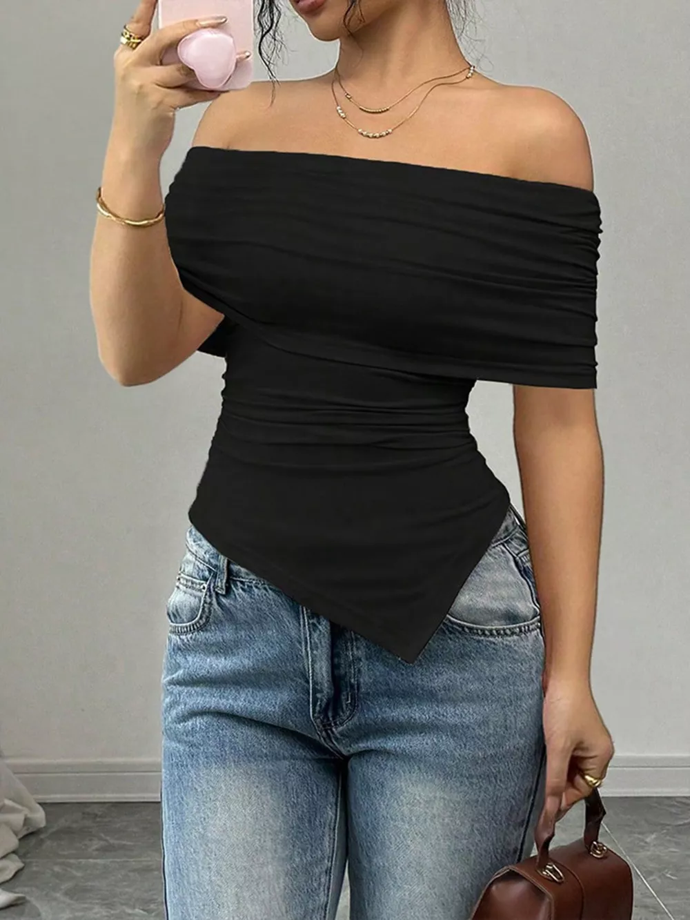 Off-Shoulder Ruched Asymmetrical Hem Top, image 11