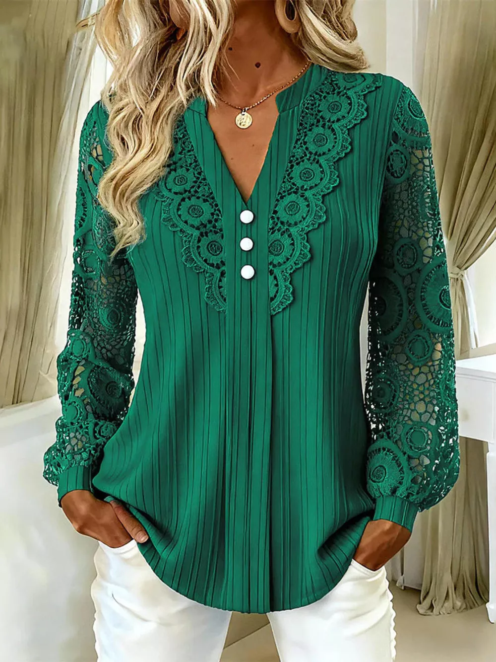 Lace Long Sleeve Notched Blouse, image 9