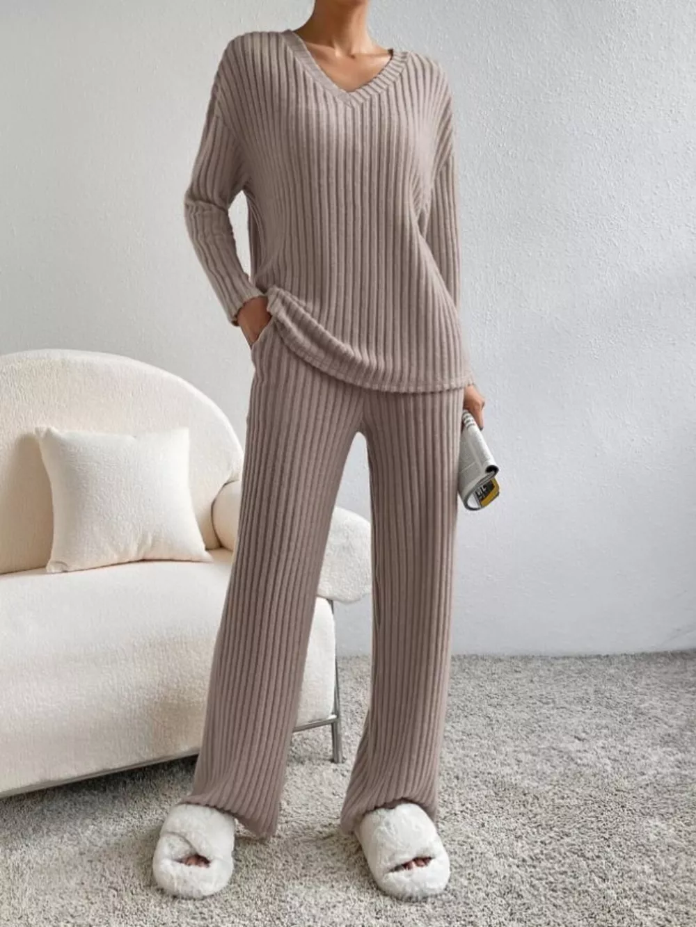 Ribbed Knit V-Neck Top and Pants Set, image 15
