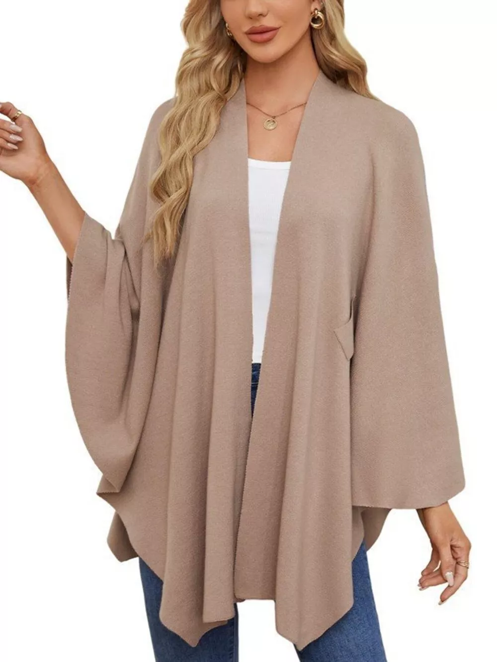 Solid Color Tie-Front Knit Cape Top, image 25
