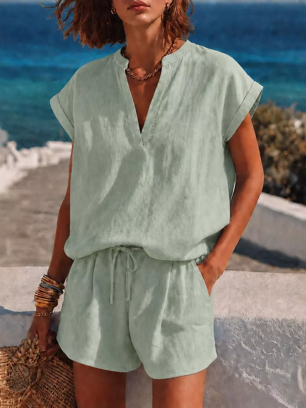Notched Short Sleeve Top and Shorts Set, image 5