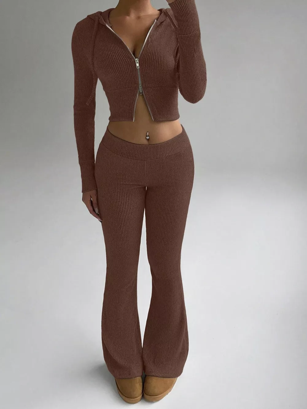 Ribbed Knit Zip-Up Hooded Top and Flared Pants Set, image 9