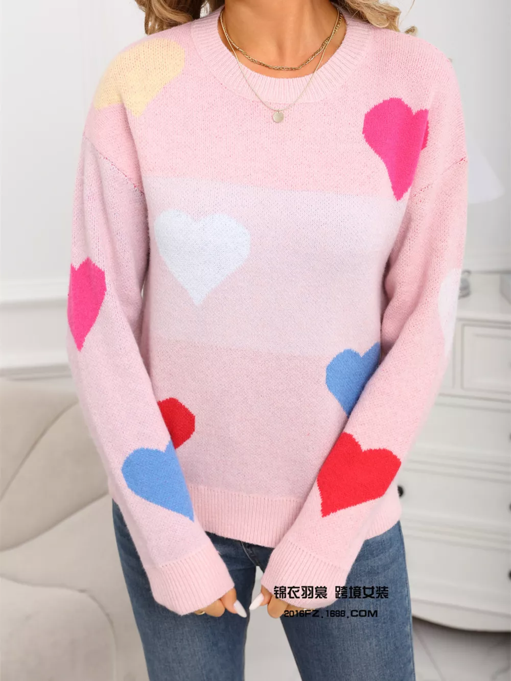 Valentine's Day Heart Round Neck Dropped Shoulder Sweater, image 3