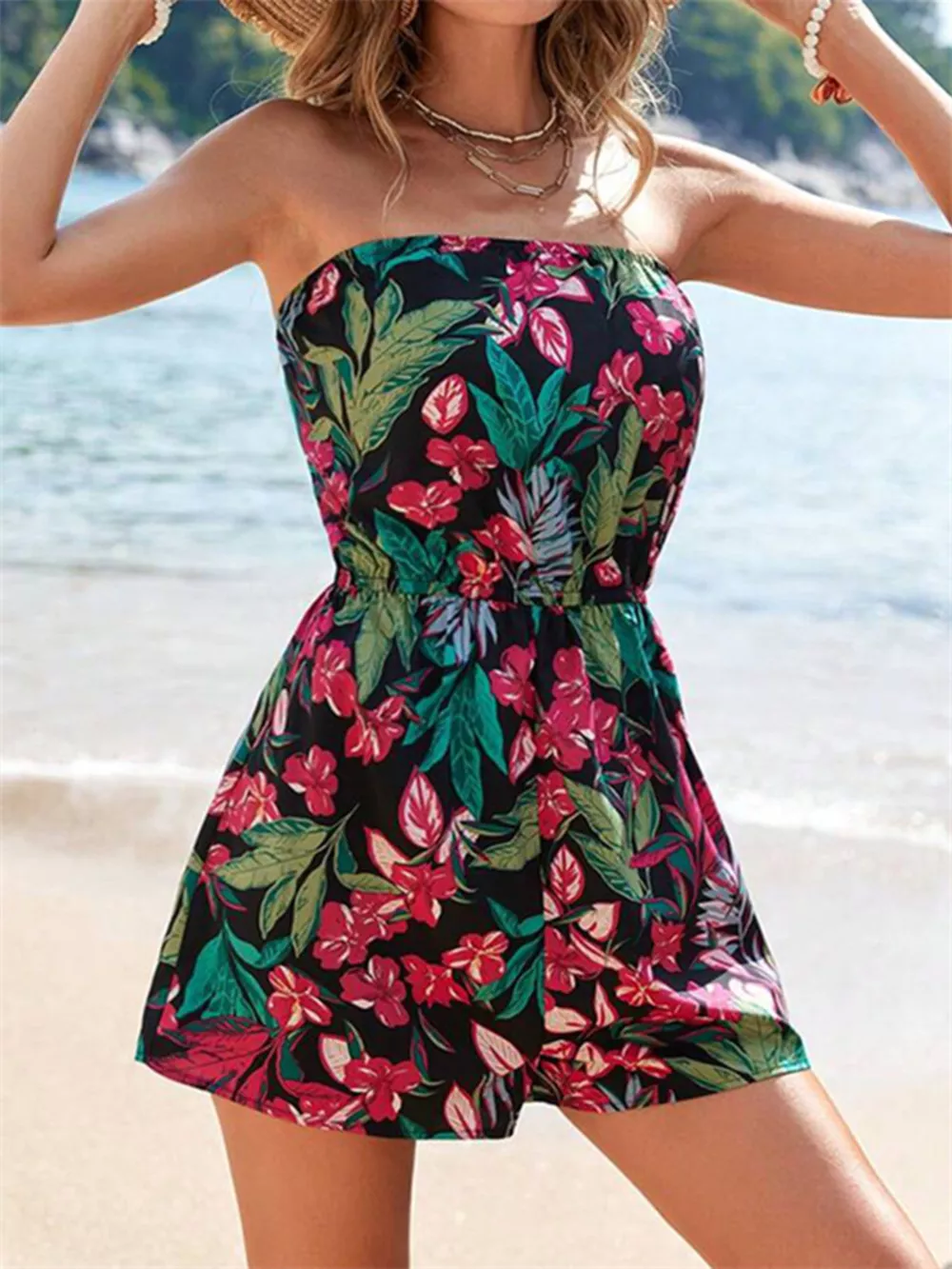 Floral Print Strapless Elastic Waist Romper, image 13