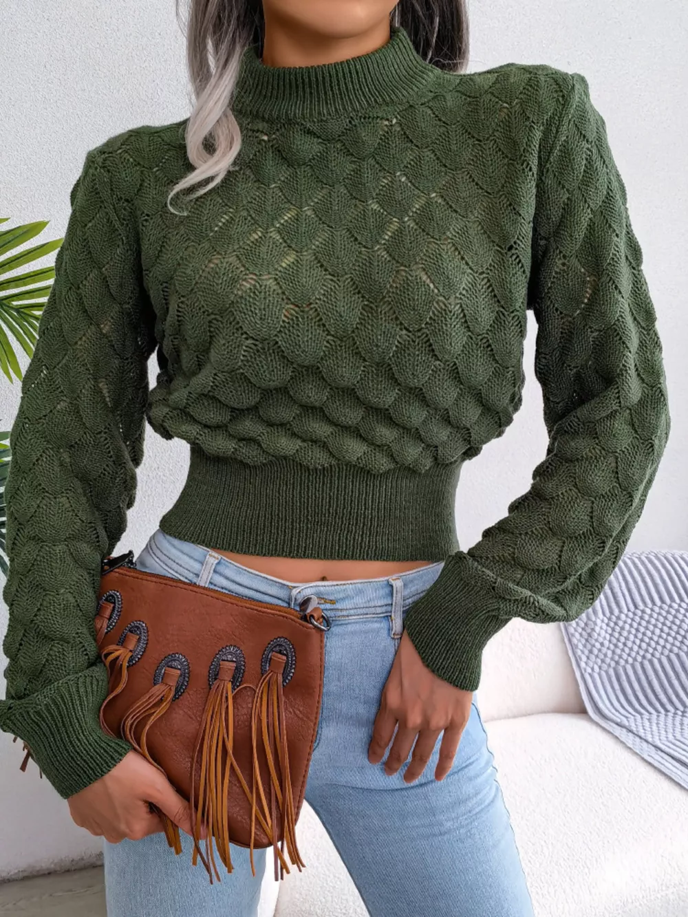Mock Neck Textured Cropped Sweater, image 14