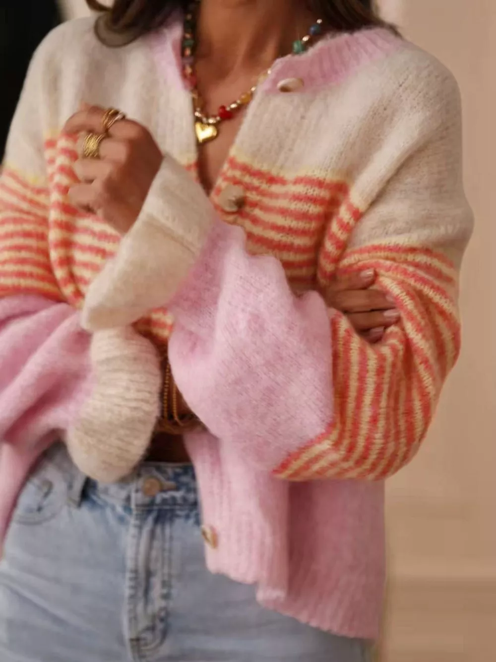 Striped Color-Block Button-Down Cardigan, image 3