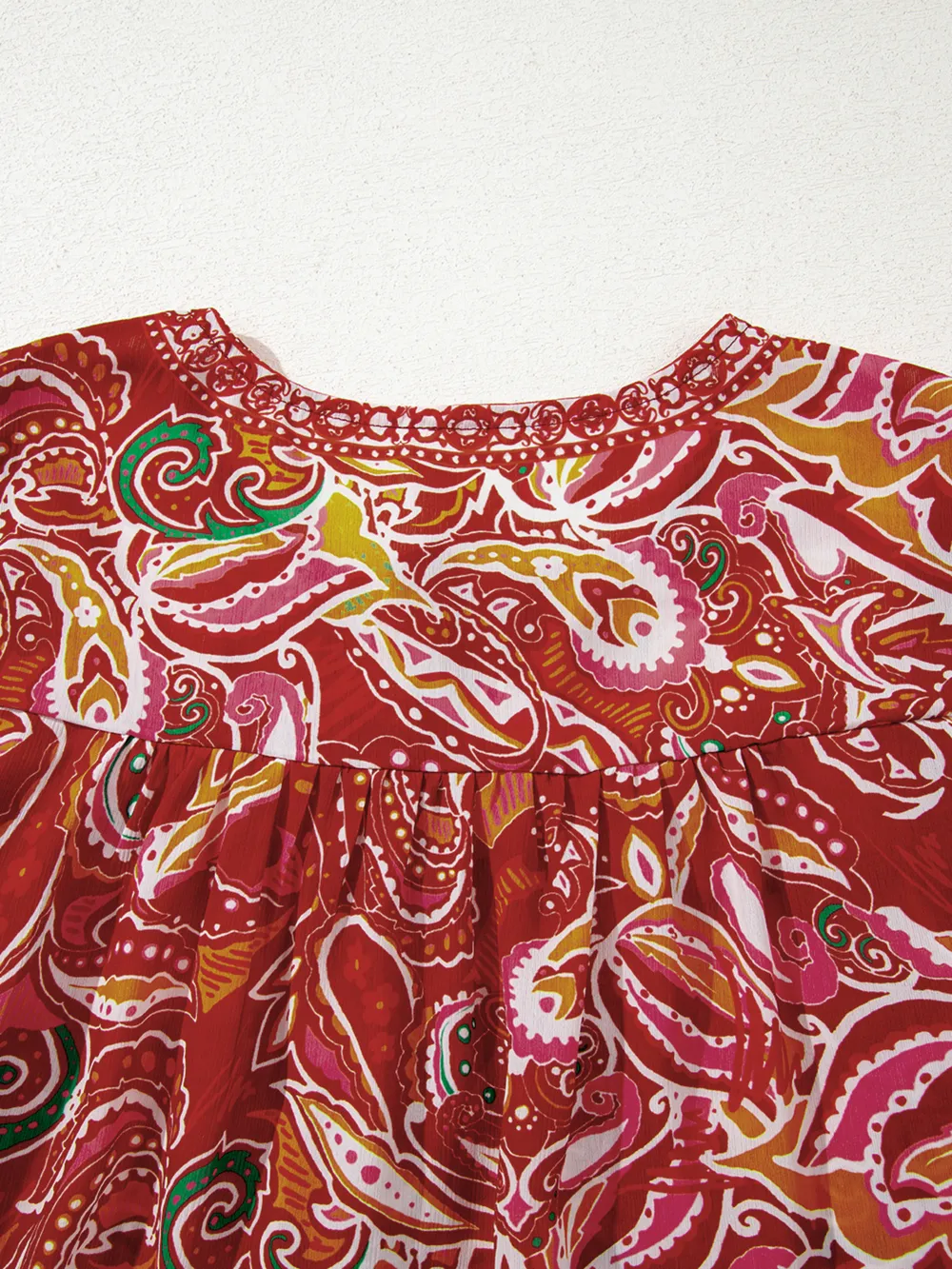 Multicolour Ethnic Paisley Print Tassel Tie Puff Sleeve Boho Blouse, image 7