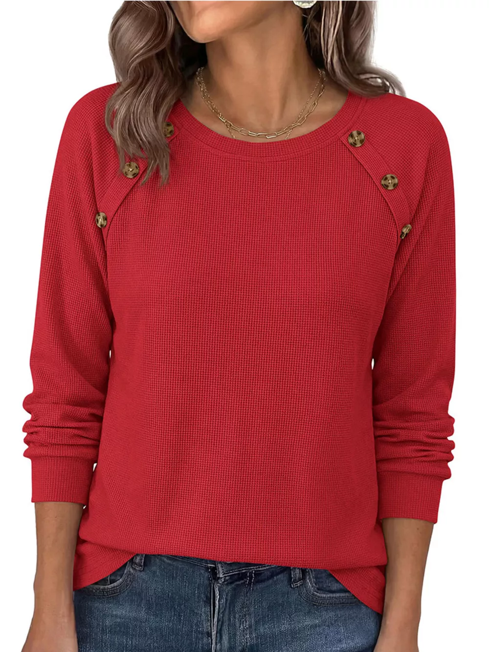 Decorative Button Waffle Knit Long Sleeve T-Shirt, image 21