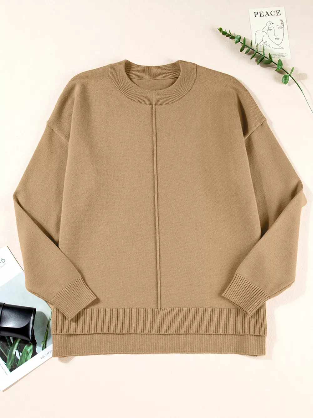 Center Seam Drop Shoulder Pullover Solid Sweater, image 12