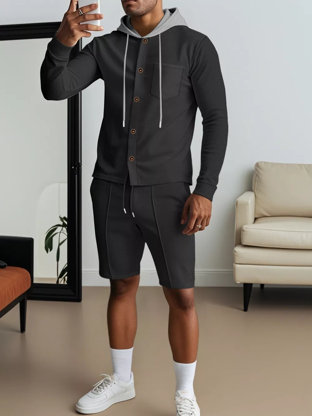 Men's Full Size Casual Hooded Button-Up Top and Shorts Set Plus Size, image 9
