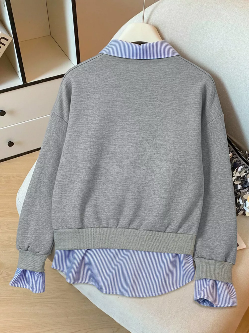 Striped Collar Long Sleeve Fake Two Piece Sweatshirt, image 3