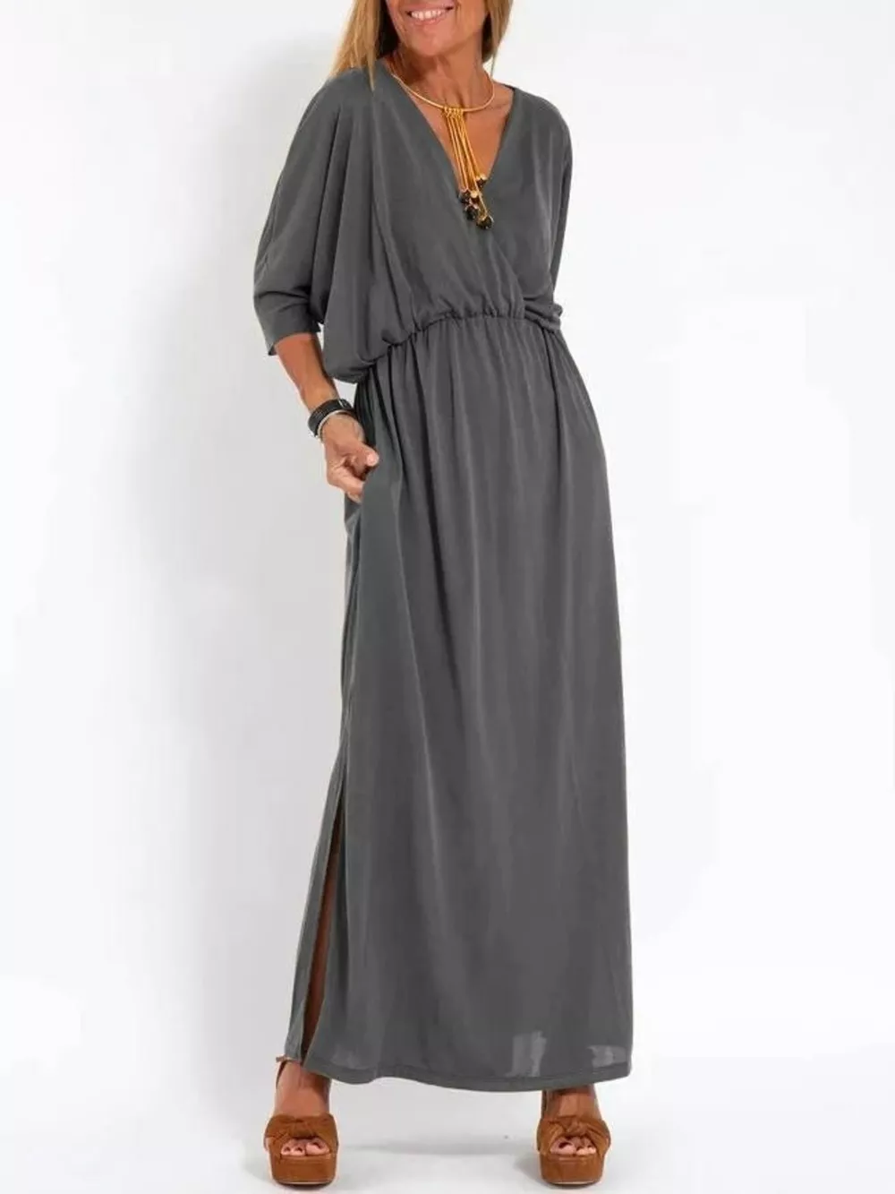 Full Size V-Neck Batwing Sleeve Maxi Dress with Side Slits Plus Size, image 2